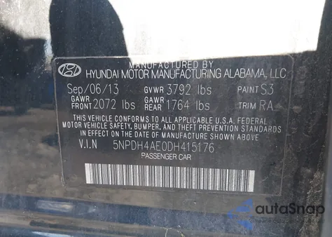 2013 Hyundai Elantra Gls from USA, damaged, VIN 5NPDH4AE0DH415176